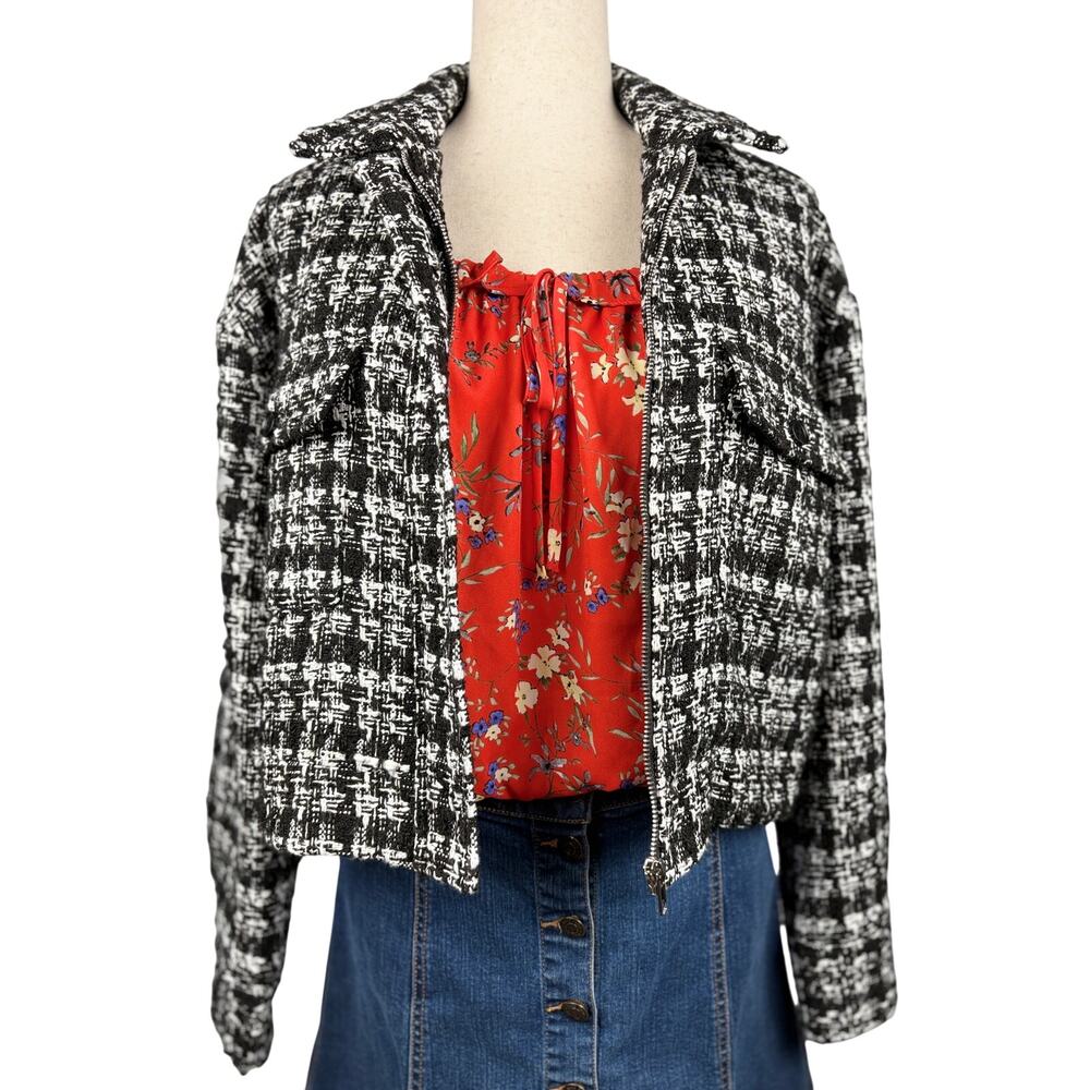 Rachel Zoe Black White Tweed Cropped Jacket Zip Blazer Size M